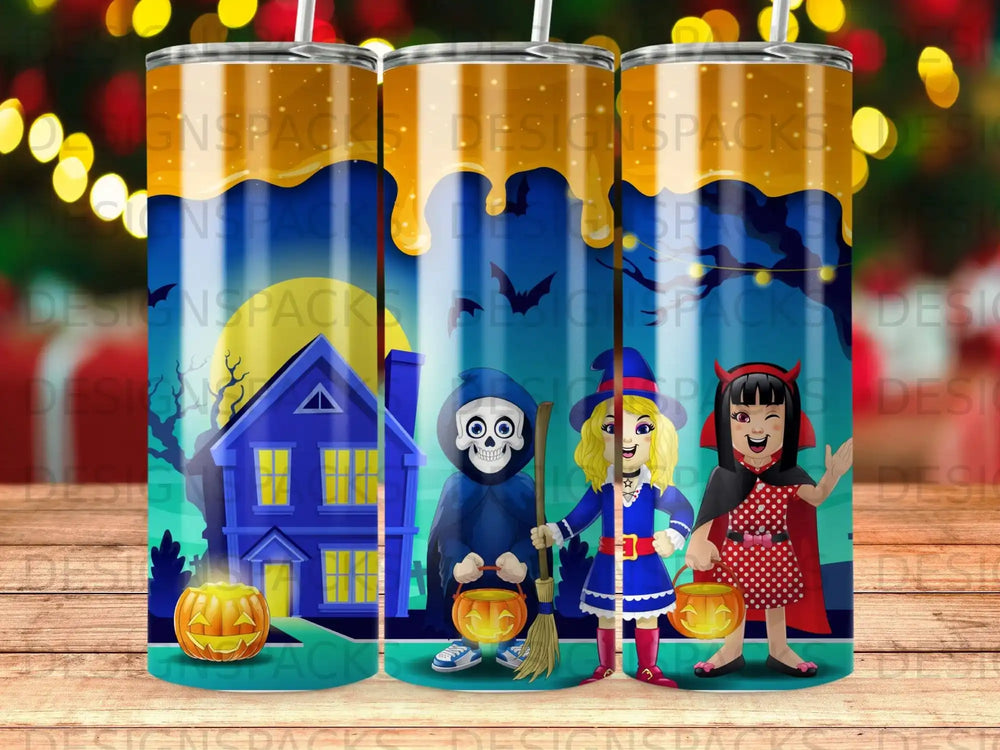 Halloween scene with grim reaper, witch, and devil holding candy buckets.