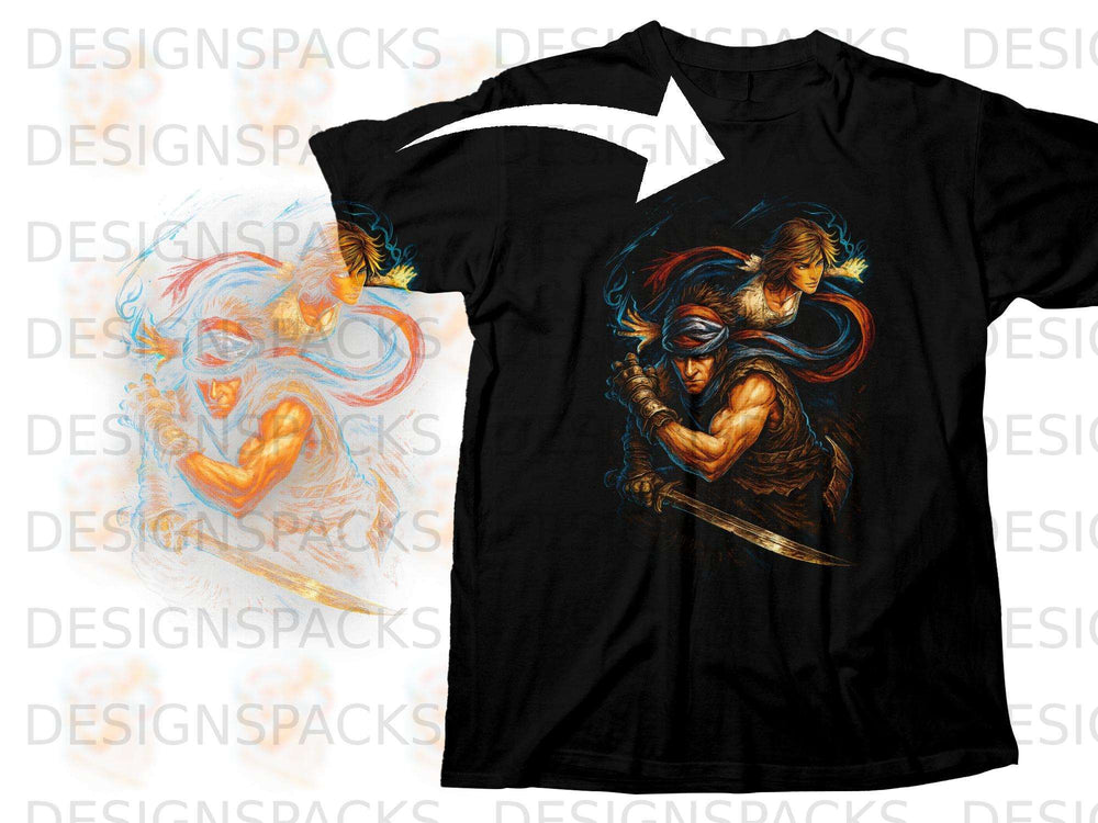 Black t-shirt featuring anime-style artwork of two warriors in action.