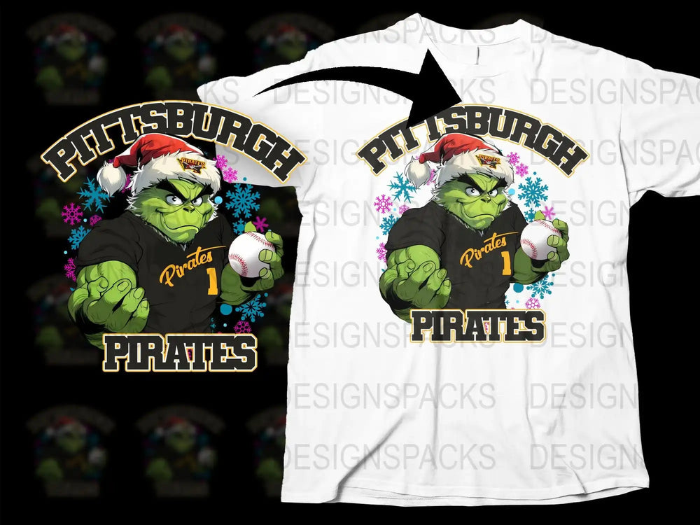 Grinch in Santa hat holding baseball, Pittsburgh Pirates design on white t-shirt, snowflake graphics