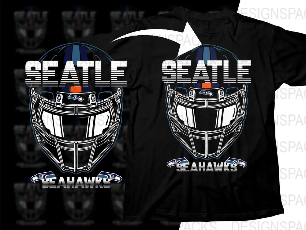 Seattle Seahawks football helmet design on black t-shirt, print-ready for DTG or DTF