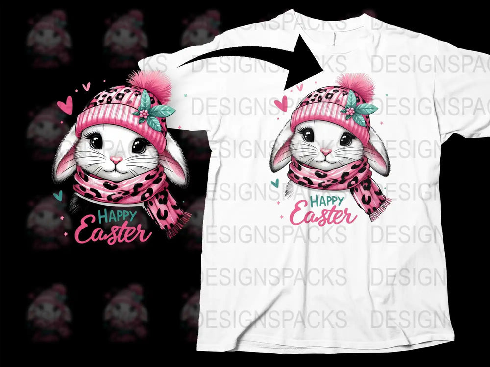 Cute Bunny with Pink Beanie Happy Easter Png Digital Download