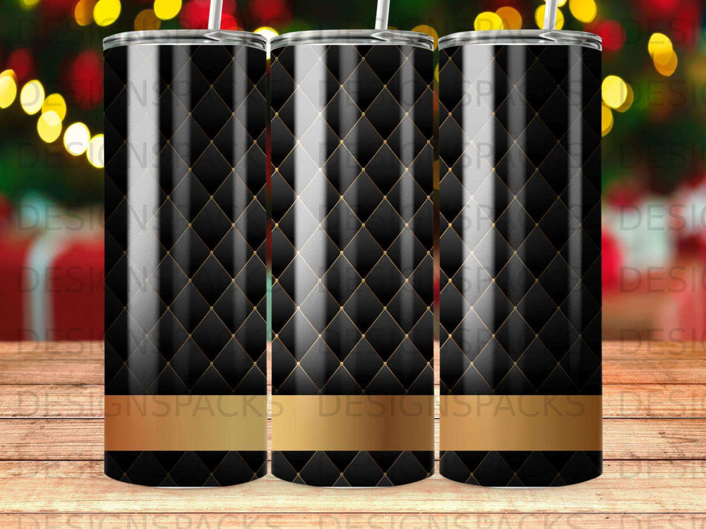 Black and gold diamond pattern tumbler with gold band and straw.
