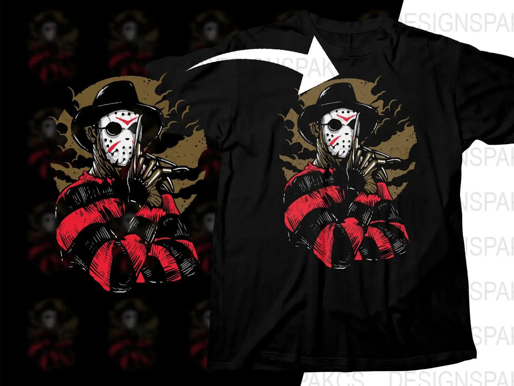 Horror movie character in red striped sweater and mask on black t-shirt, print-ready design for DTF DTG