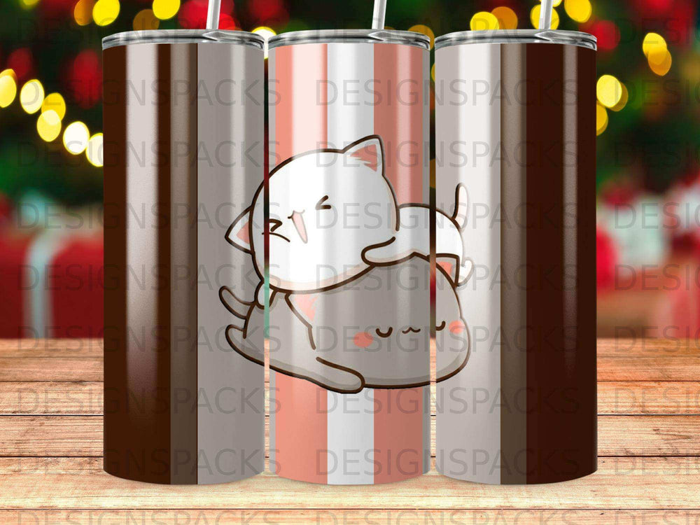 Three tumblers with a cute sleeping cat design and pastel stripes.