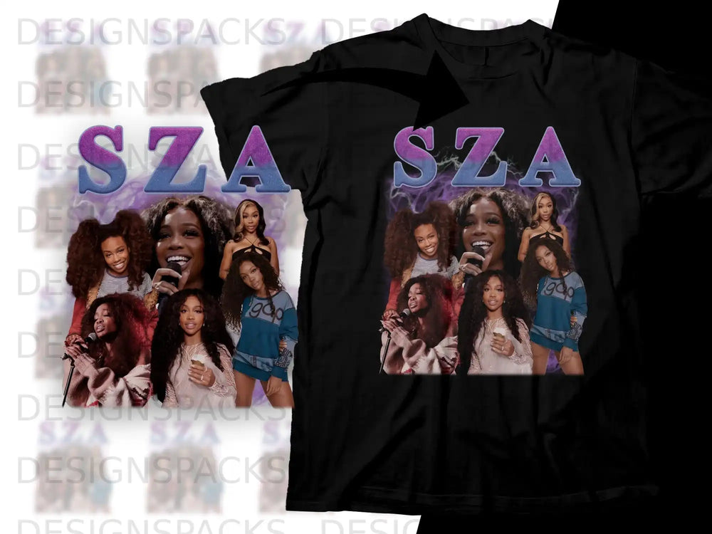 Collage of SZA photos on a black t-shirt with "SZA" text.