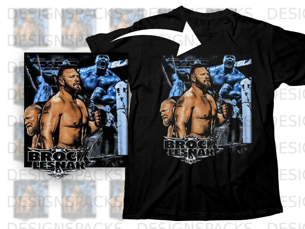 Black t-shirt featuring Brock Lesnar wrestling graphic with "BROCK LESNAR" text.