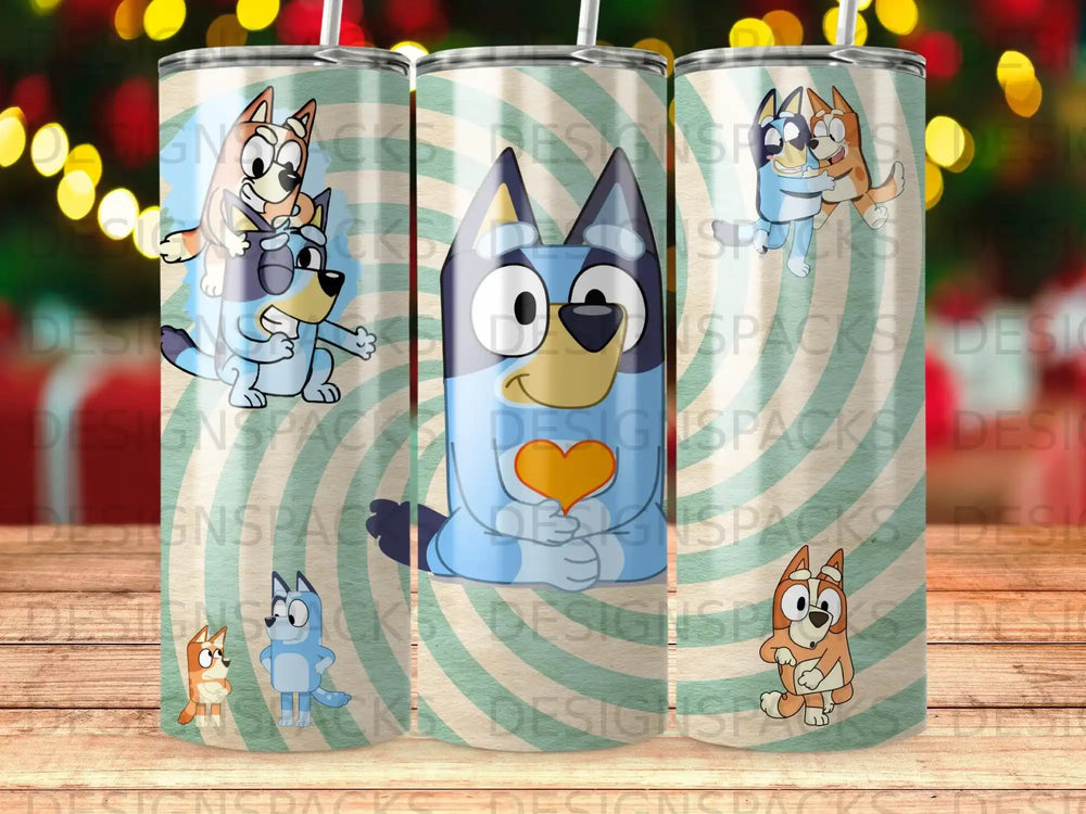 Bluey and Bingo characters on a teal and white striped tumbler with "DESIGNSPACKS" watermark.