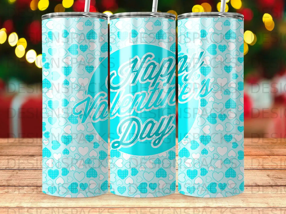 Happy Valentine's Day tumbler with heart pattern.
