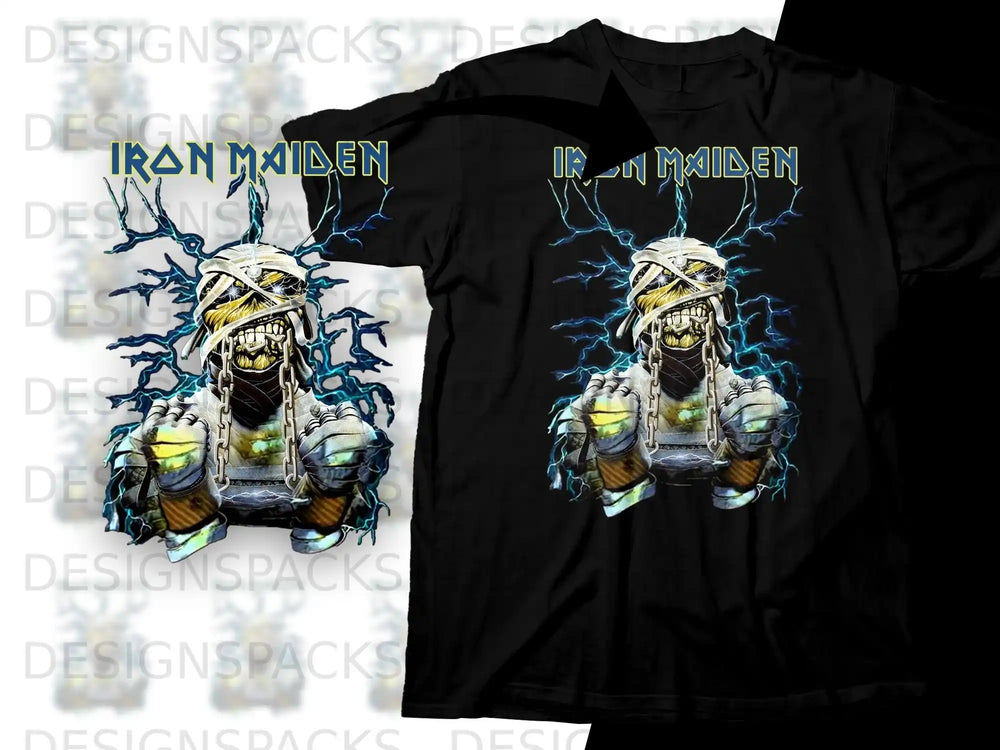 Black t-shirt with Iron Maiden mascot Eddie in a mummy costume.