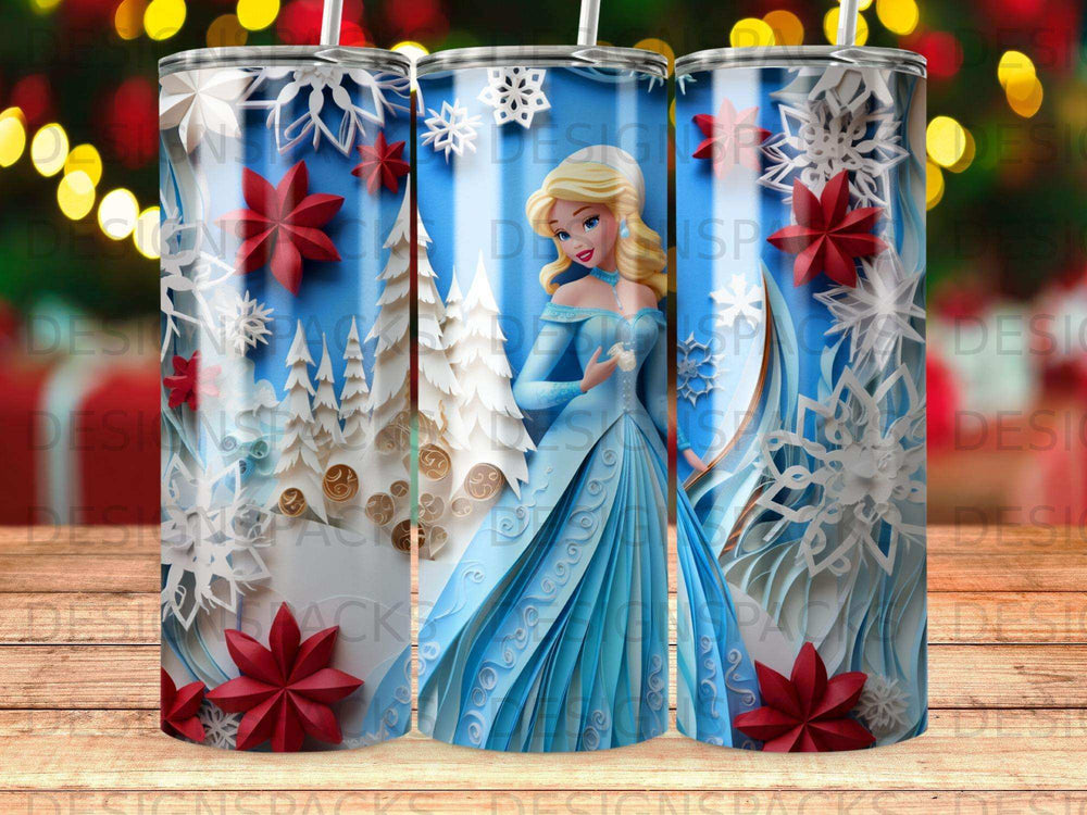 Princess Elsa in blue dress with snowflakes and winter trees.