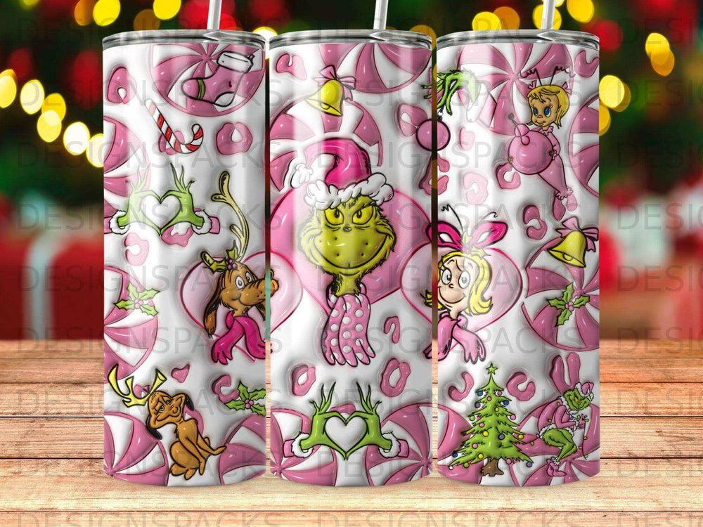 The Grinch and his dog Max on a pink and white candy cane background.