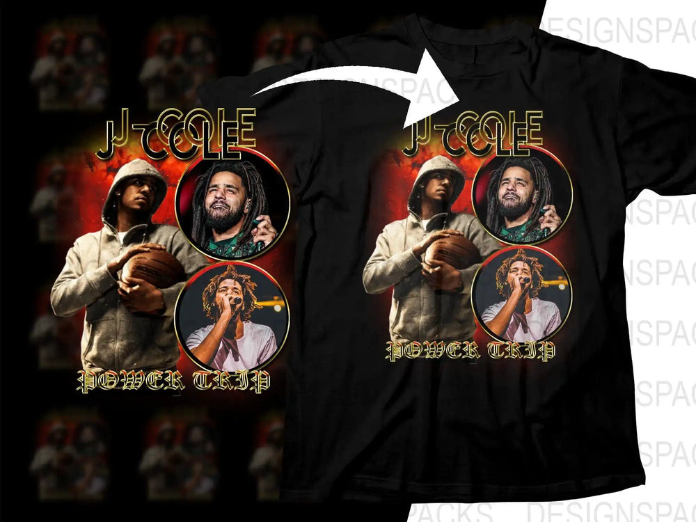 J. Cole 'Power Trip' t-shirt design with collage of artist images and bold text