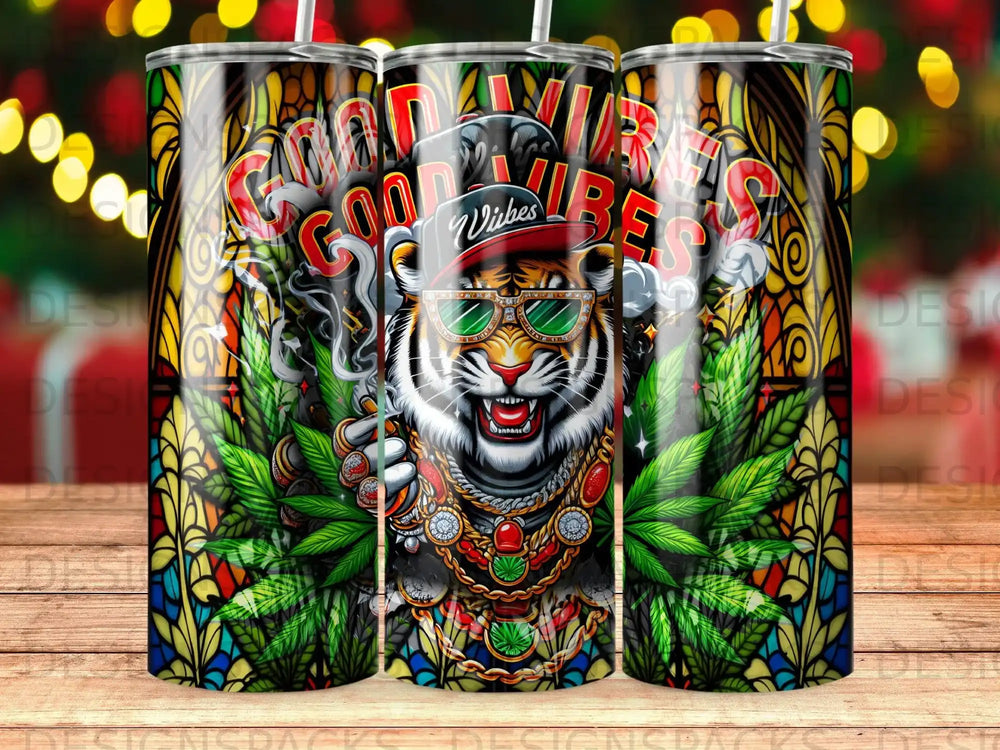 Tiger wearing sunglasses and hat, smoking, with "Good Vibes" text and stained glass pattern.