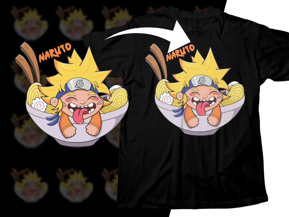 Cute Naruto in ramen bowl t-shirt design, print-ready for DTF DTG, anime fan merch