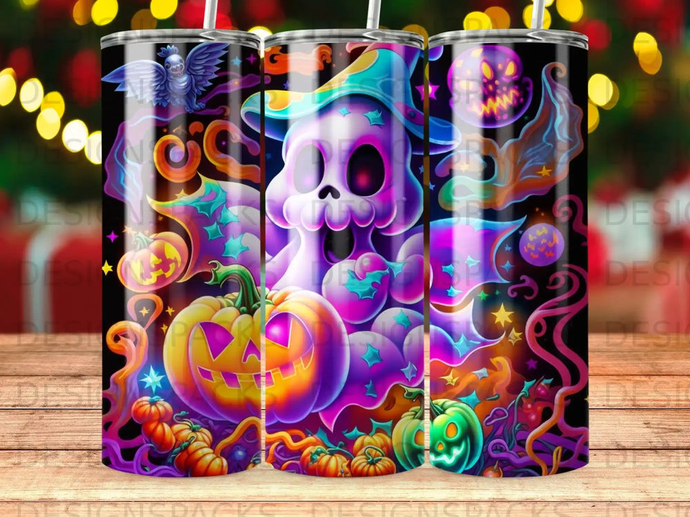 Halloween tumbler with ghost, pumpkins, stars, and spooky characters.