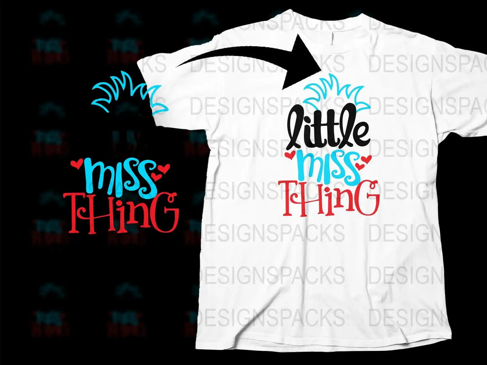 Little Miss Thing SVG design on white t-shirt, print-ready for DTG or DTF, with hearts and sunburst graphic