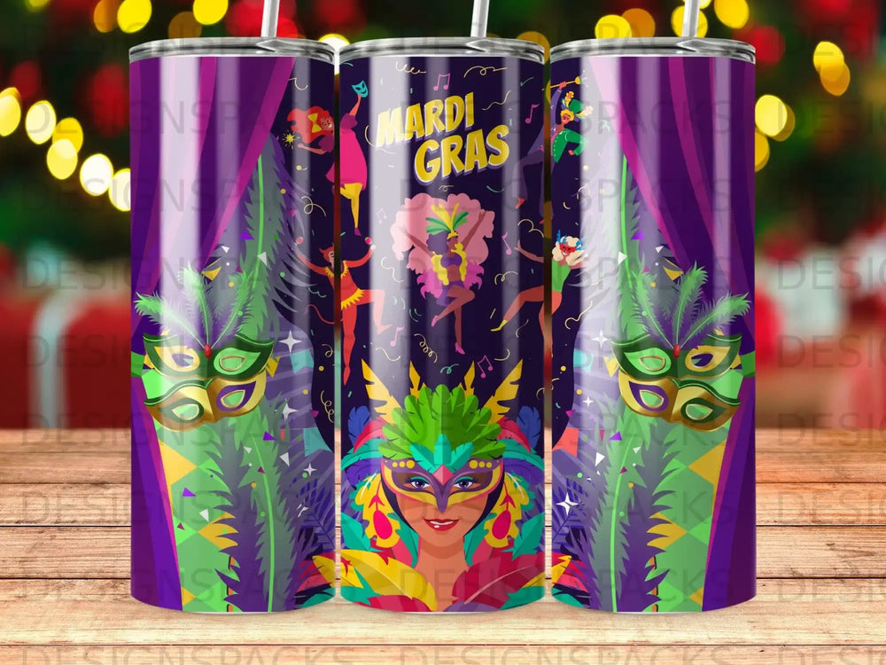 Mardi Gras tumbler with mask, feathers, and dancers, purple and green design.