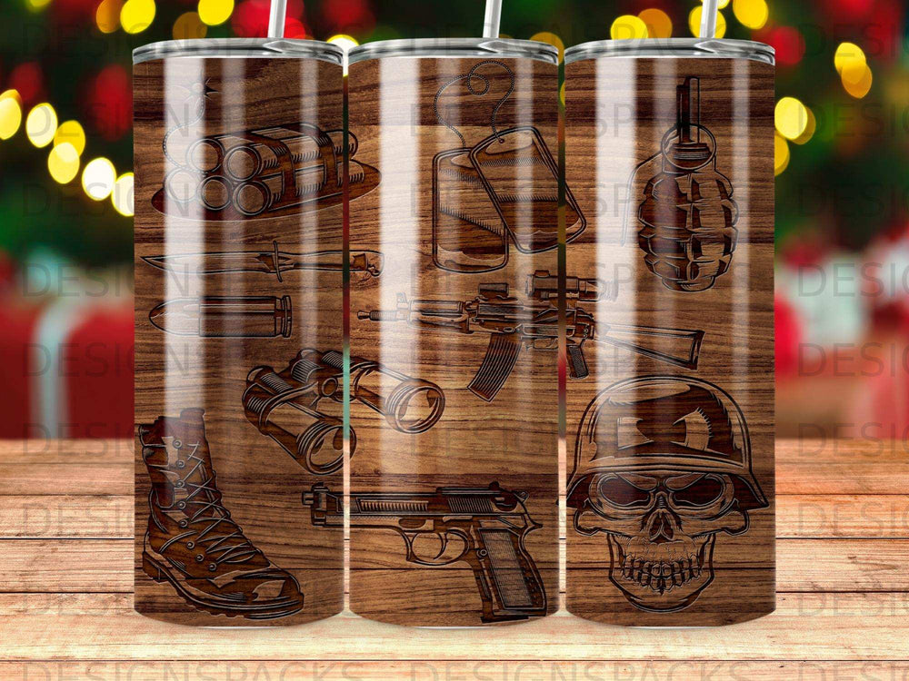 Wood-grained tumbler with firearms, grenades, helmet, and binoculars.