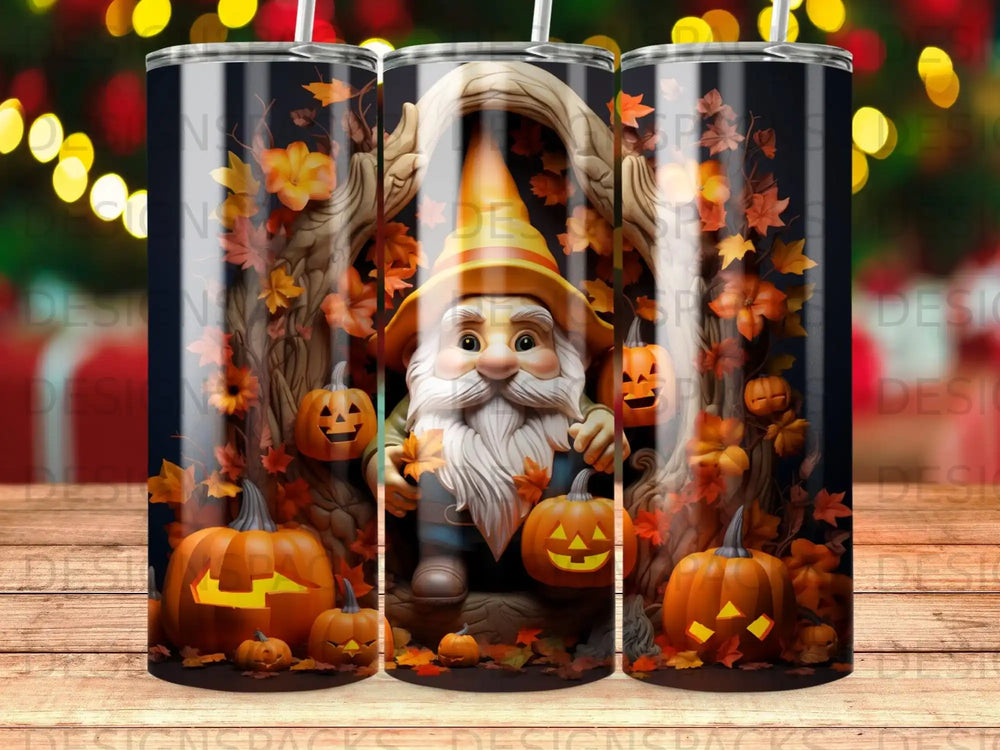 Gnome in archway with pumpkins and fall leaves.
