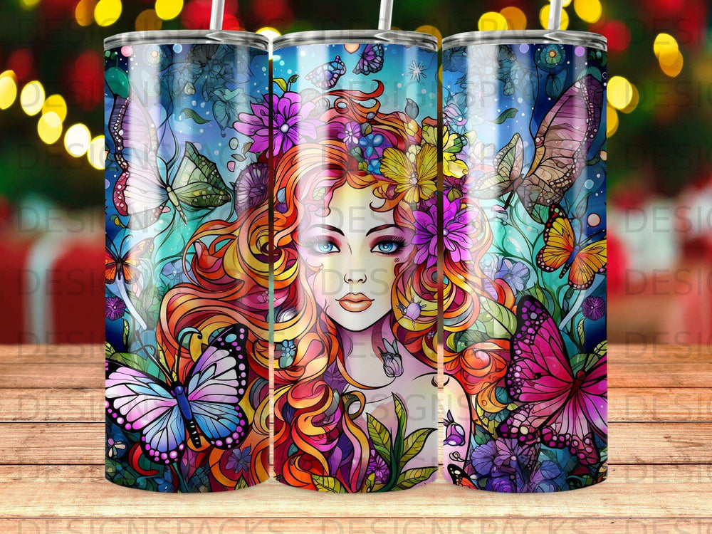 Woman with vibrant hair and butterflies, surrounded by flowers.