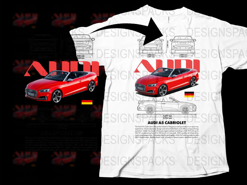 Audi A5 Cabriolet Graphic T-Shirt, Car Enthusiast Tee, Red Convertible Car Print, Auto Lover Gift, Casual White Top