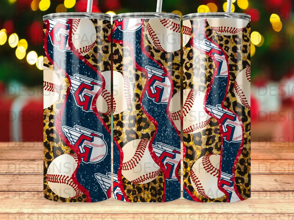 Tumbler with Cleveland Guardians logo, baseballs, and leopard print pattern.
