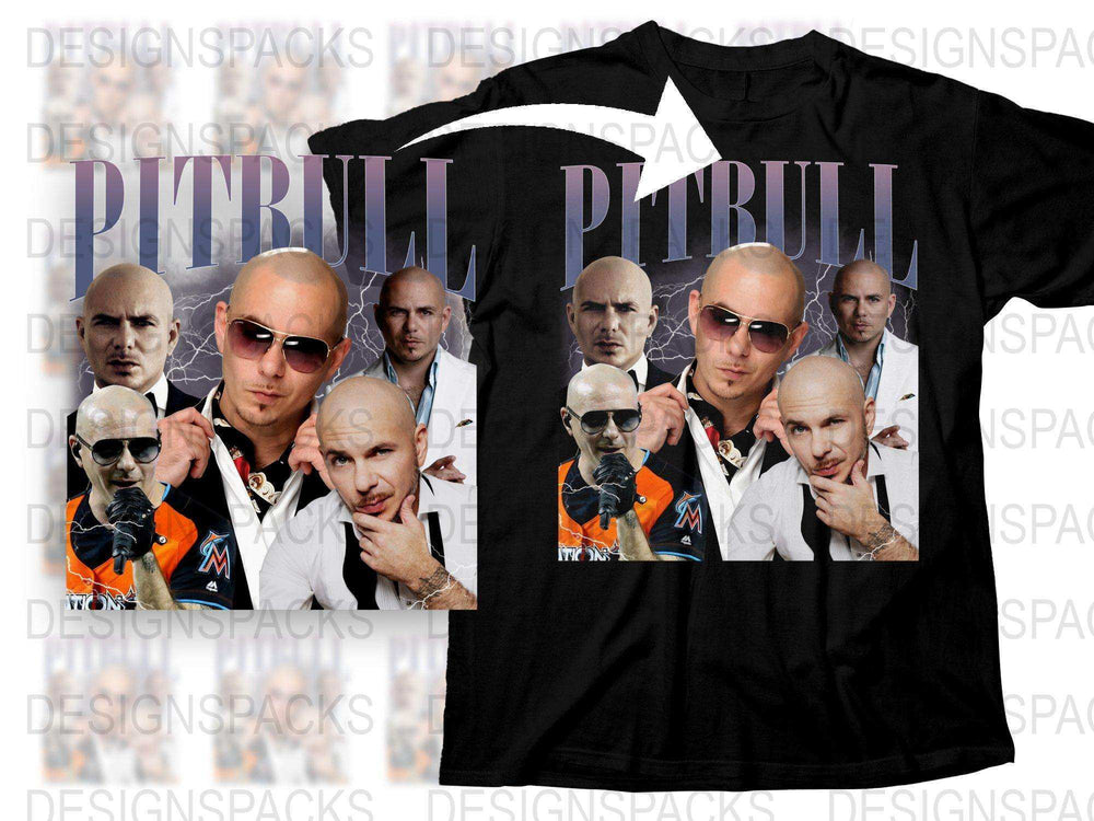 Pitbull Graphic T-Shirt, Black Tee with Multiple Artist Images, Music Fan Merchandise, Unisex Shirt