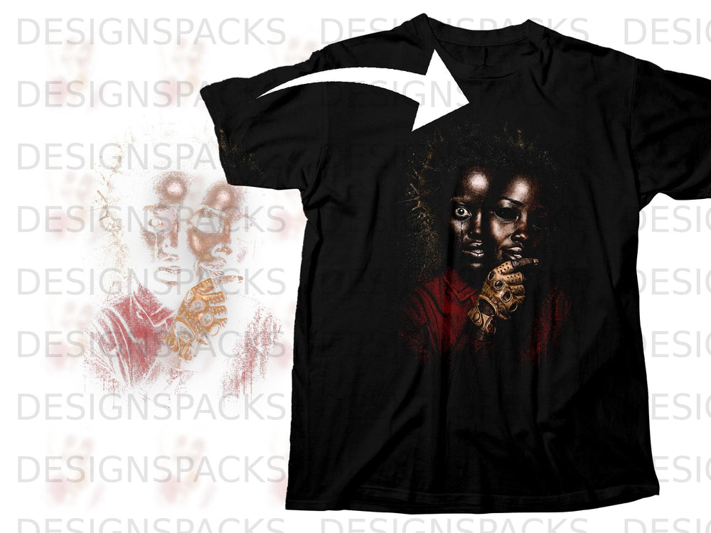 Black t-shirt with a graphic of two faces and a hand with a metallic glove.