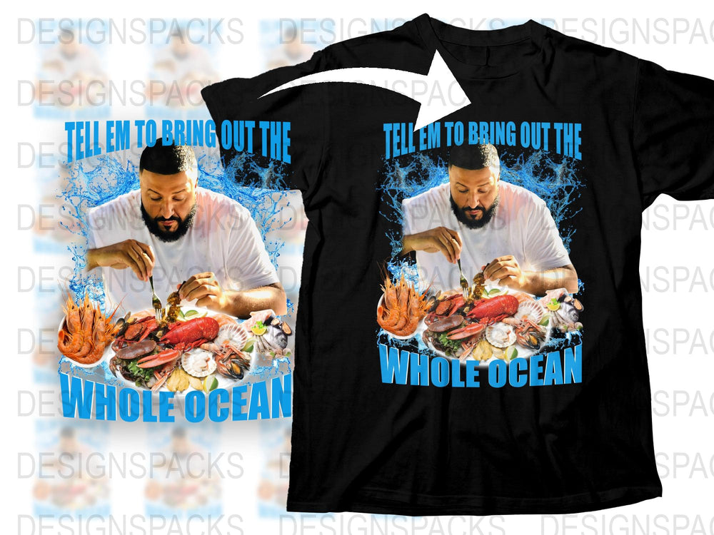 Men's Graphic Black T-Shirt with Seafood Feast Print, DJ Khaled Inspired, Casual Streetwear, Summer Fashion Top