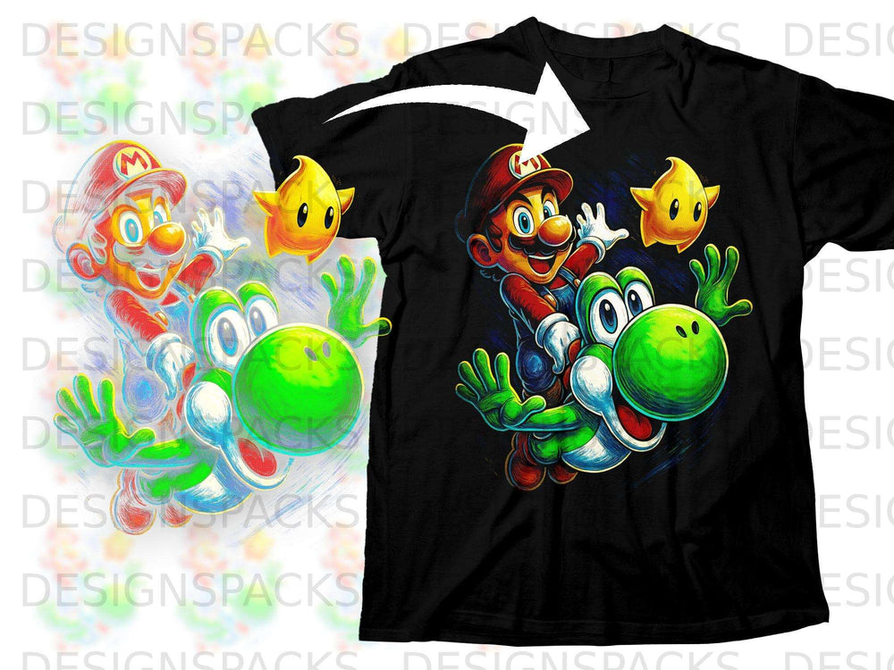 Mario riding Yoshi with two stars on a black t-shirt.