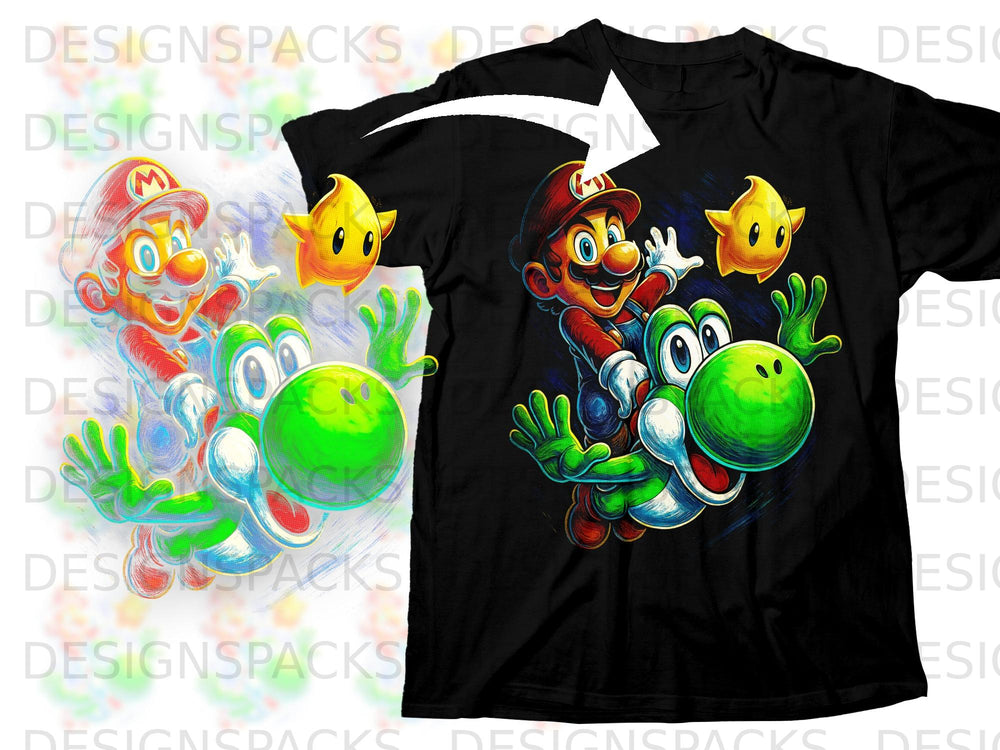 Mario riding Yoshi with two stars on a black t-shirt.