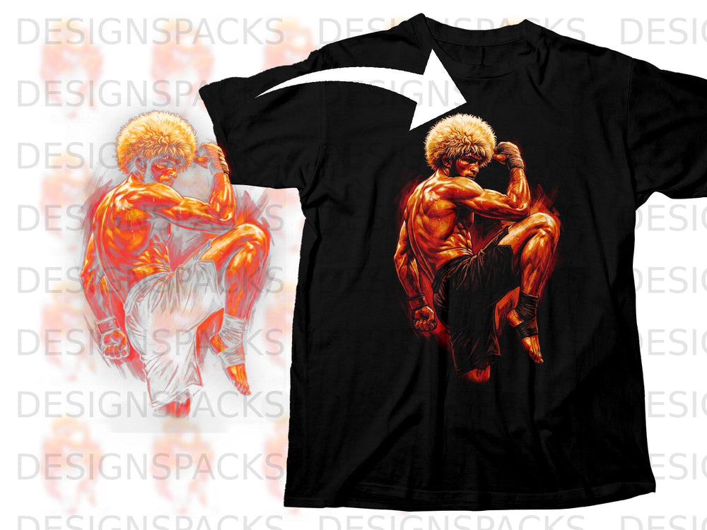 Black t-shirt with artwork of a martial artist in a fighting pose.