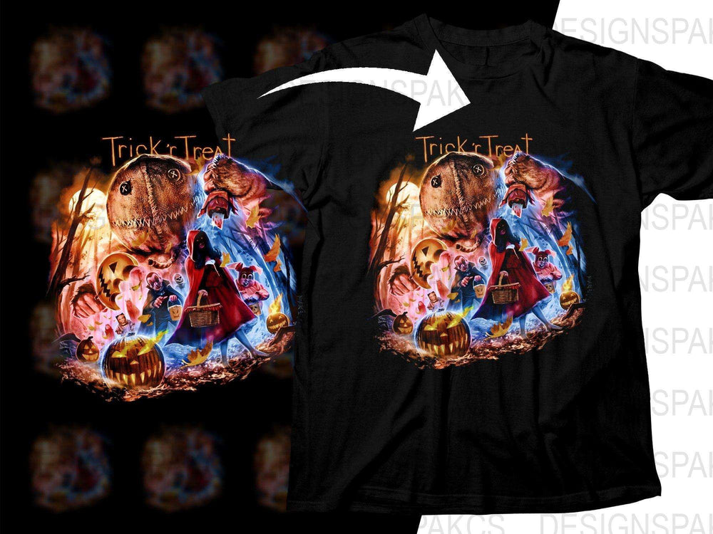 Halloween Trick or Treat t-shirt design with spooky pumpkins, monsters, and Red Riding Hood