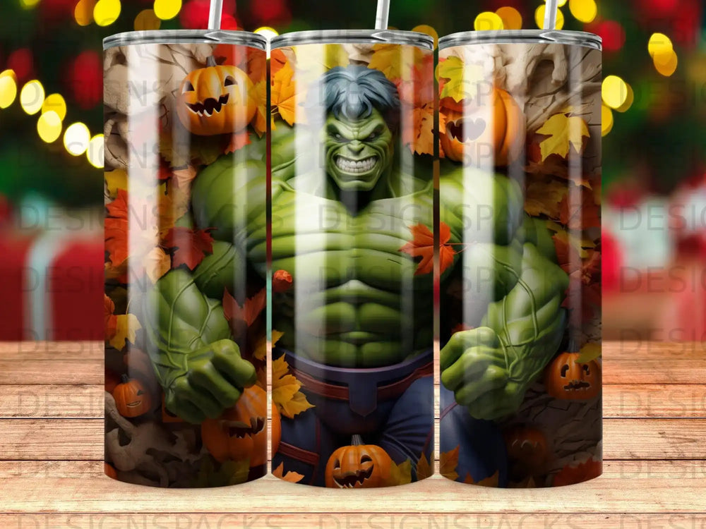 Hulk character with pumpkins and autumn leaves on a tumbler.