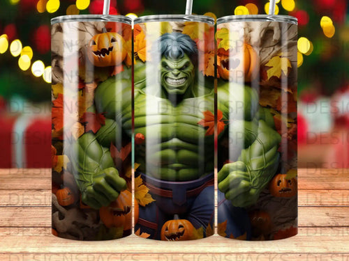 Hulk character with pumpkins and autumn leaves on a tumbler.