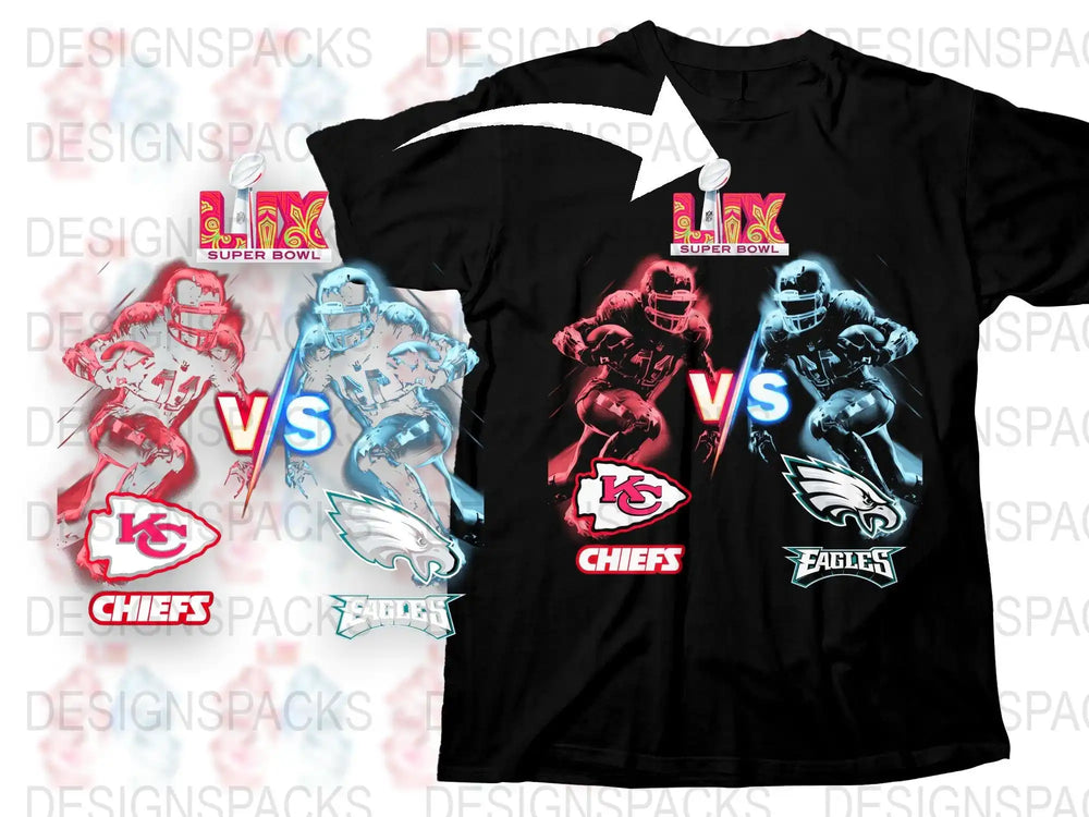 Super Bowl LIX Chiefs vs Eagles football t-shirt design with team logos and player graphics