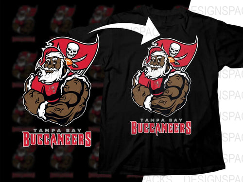 Tampa Bay Buccaneers Santa design on black t-shirt, print-ready SVG/PNG for DTG/DTF