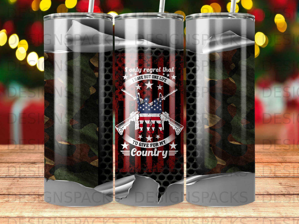 Mug with American flag, crossed rifles, and patriotic text.