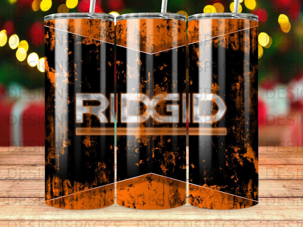 Ridgid logo on a black and orange textured tumbler.