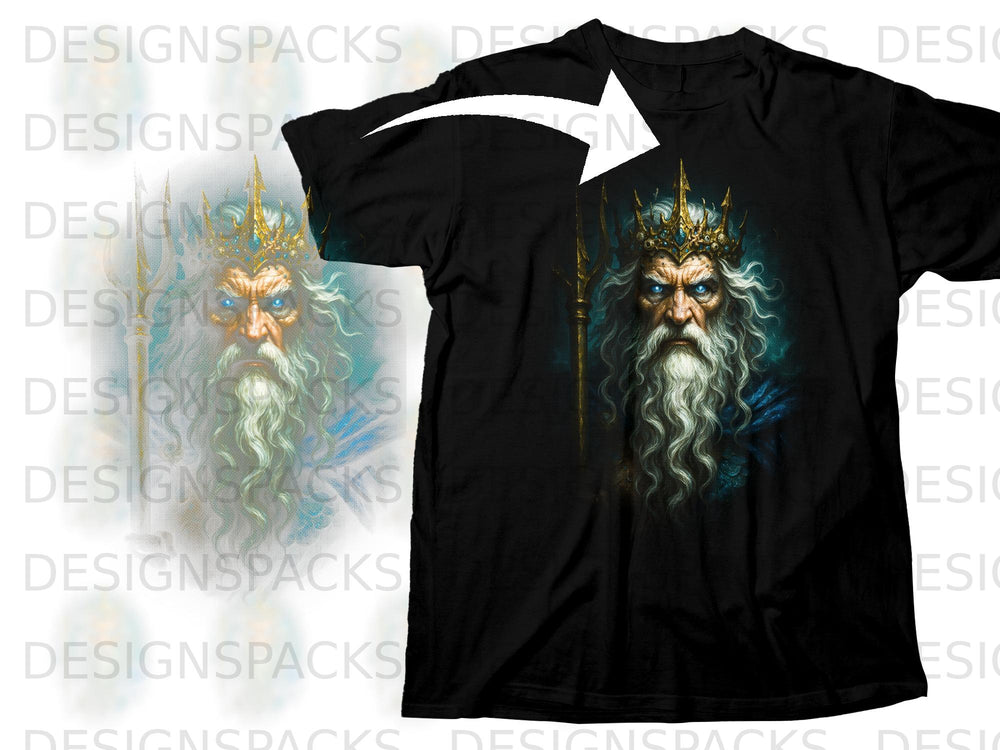 Black t-shirt featuring a crowned, bearded man with blue eyes and a trident.