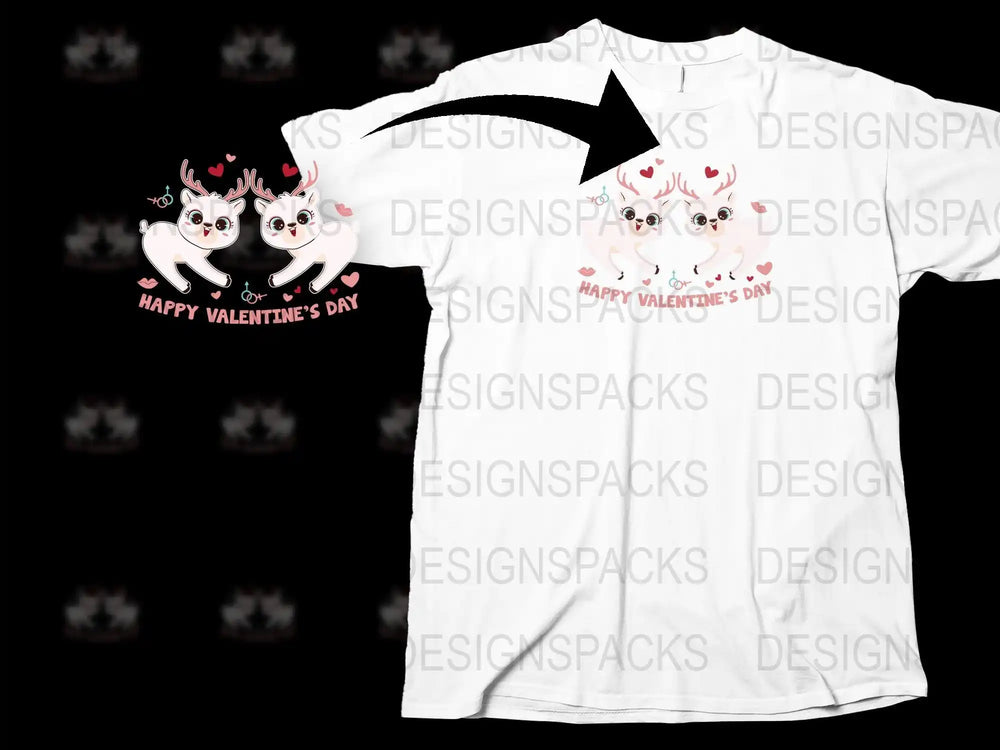 Cute Valentine's Day deer design on white t-shirt, perfect for print-ready PNG or SVG use.