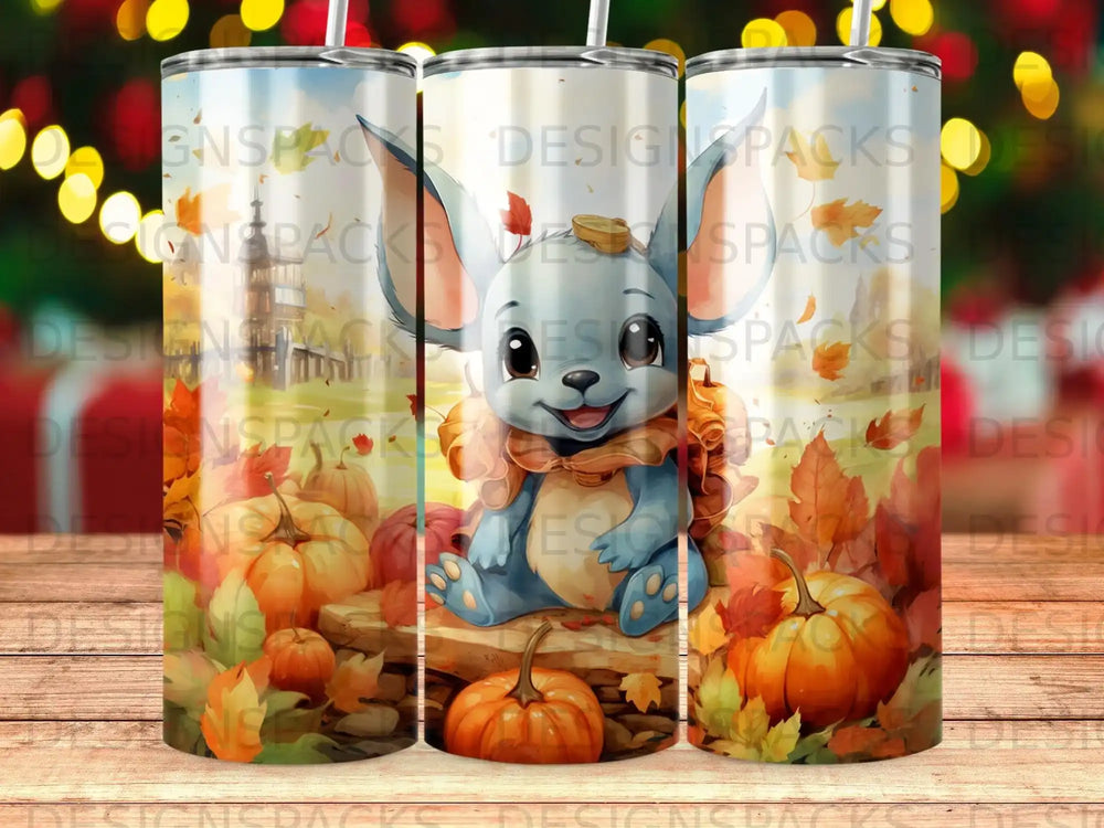 Cute cartoon character sitting among pumpkins and fall leaves.