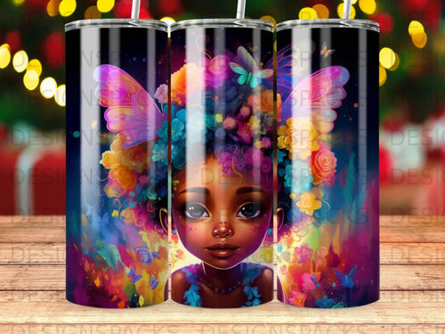 Black girl with colorful hair and butterfly wings, surrounded by flowers.
