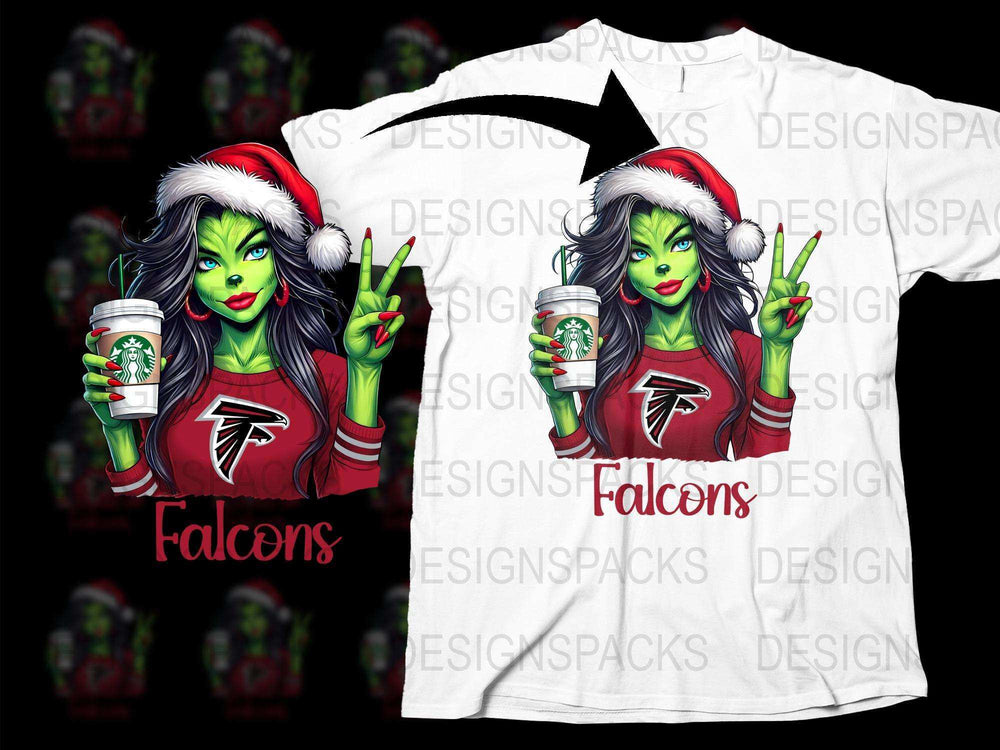 Atlanta Falcons Christmas T-Shirt, Festive Holiday Apparel, Green Witch Santa Hat Design, Unique Sports Fan Gift Idea