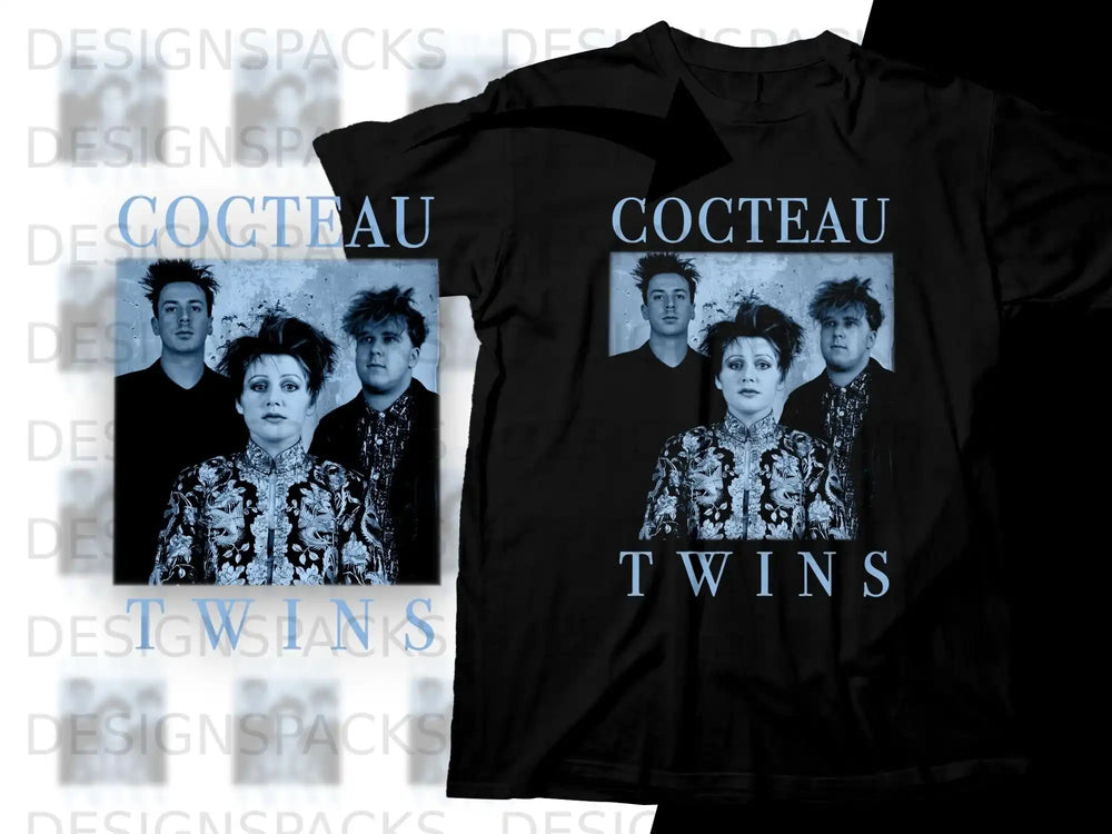 Cocteau Twins band portrait on a black t-shirt.