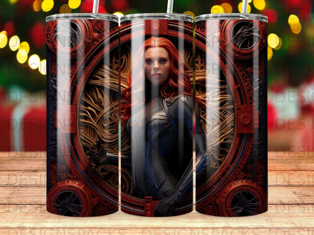 Black Widow character on a red and gold ornate tumbler.
