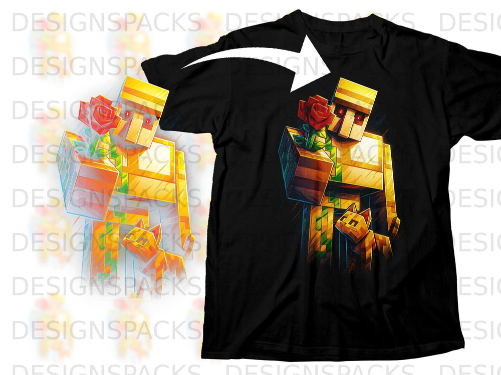 Black t-shirt featuring pixelated golem holding a rose and a cat.
