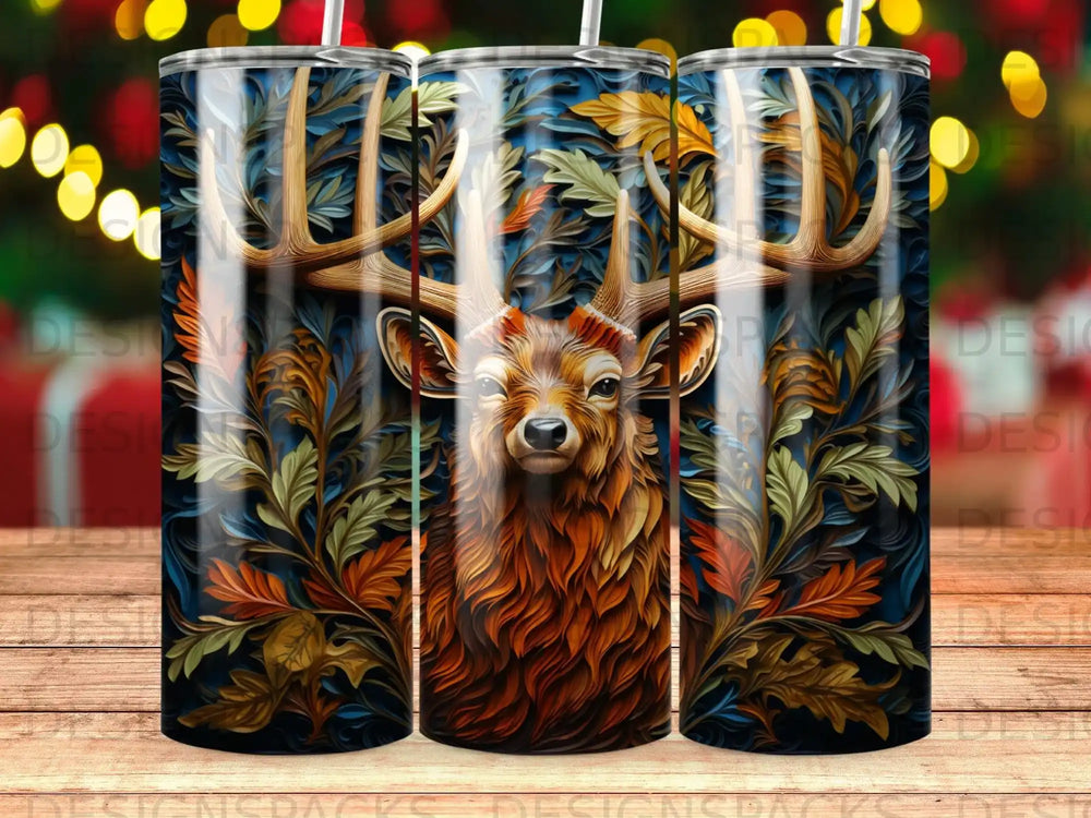 Deer head with antlers surrounded by colorful autumn leaves.