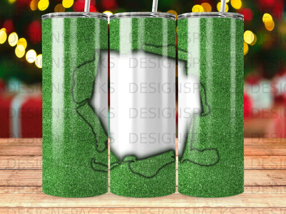 Green glitter tumbler with a white outline of a state.