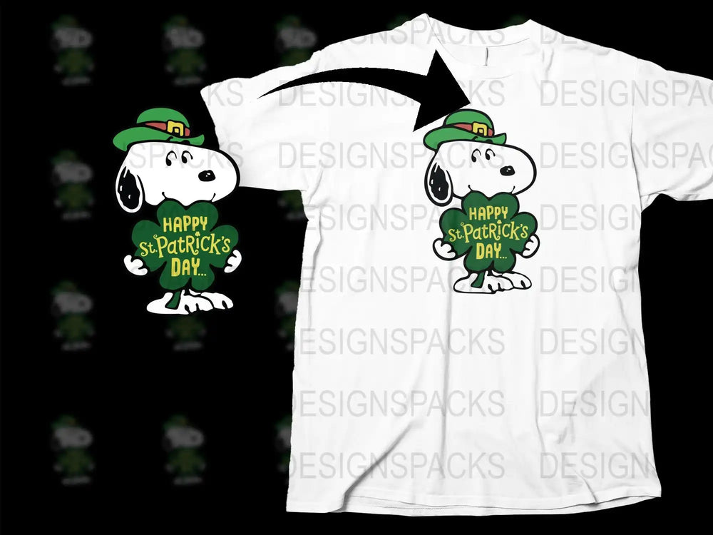 Snoopy in green hat holding shamrock with Happy St. Patrick's Day text on white t-shirt